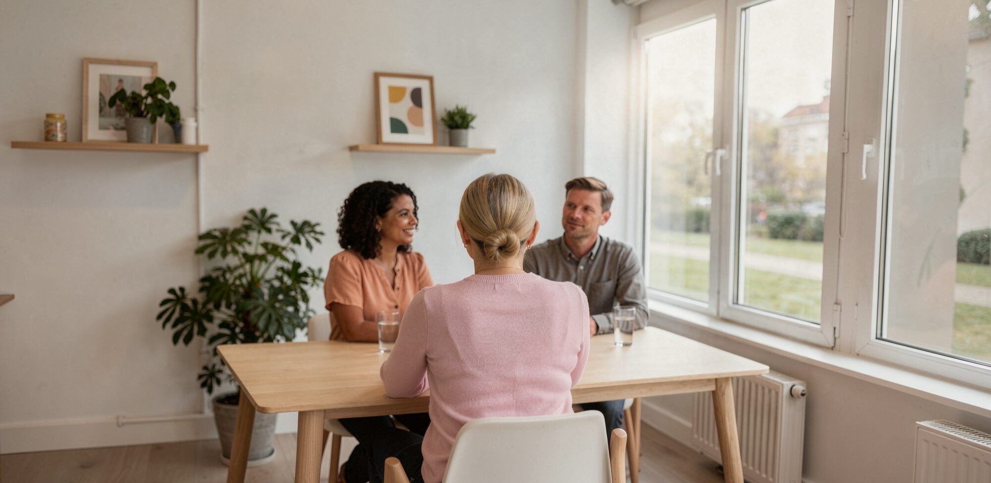 A couple meeting with a financial adviser in a bright, modern office